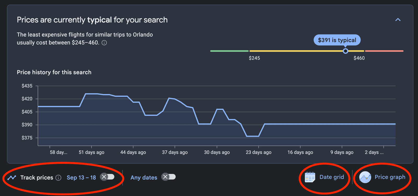 Google Flights track prices feature