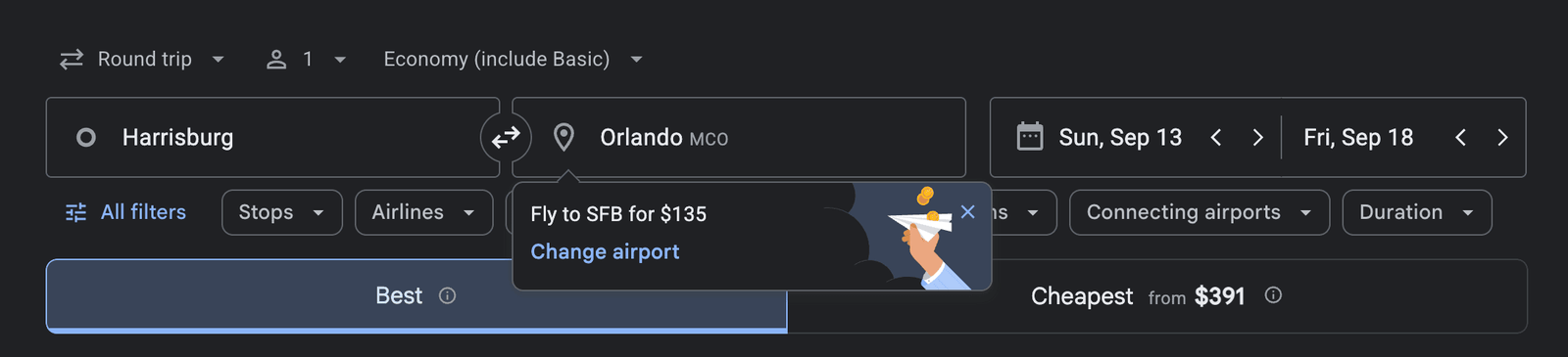 Google Flights alternative airports