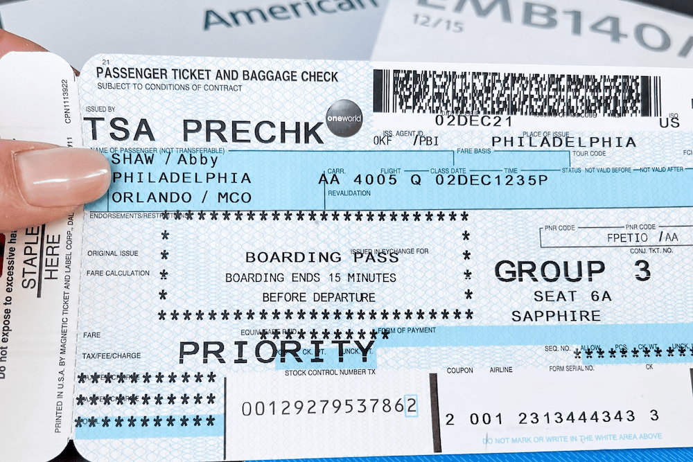 Our American Airlines air ticket for the Philadelphia to Orlando family trip